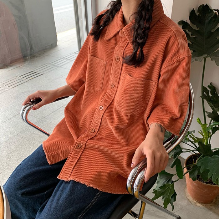 韓國ins復古港風夏季燈芯絨口袋寬松休閑短袖襯衫男女潮